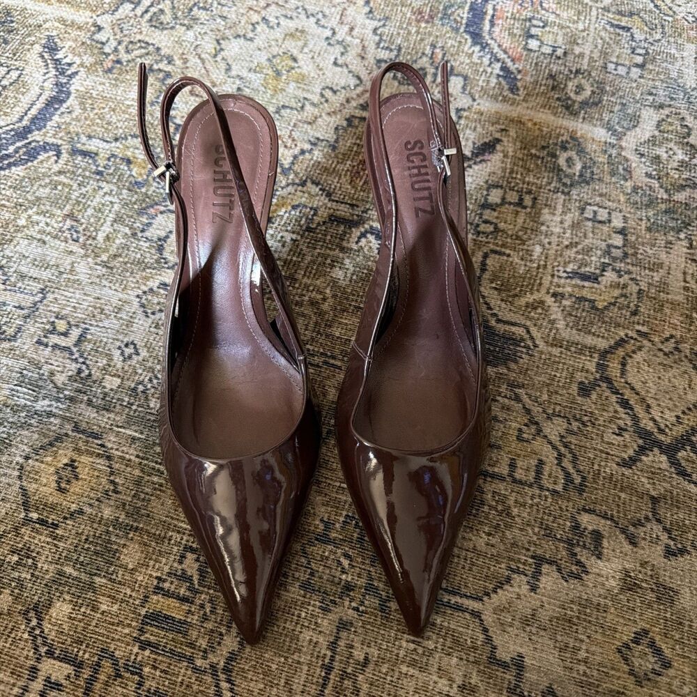 Schutz Paola Slingback Pumps Root Brown Patent Leather Women’s Size 7.5B NWOB